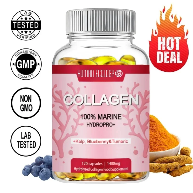 Human Ecology Powerful Marine Collagen 1400mg with HA Biotin Blueberry Vitamins ComplexHydrolyzed Type 1