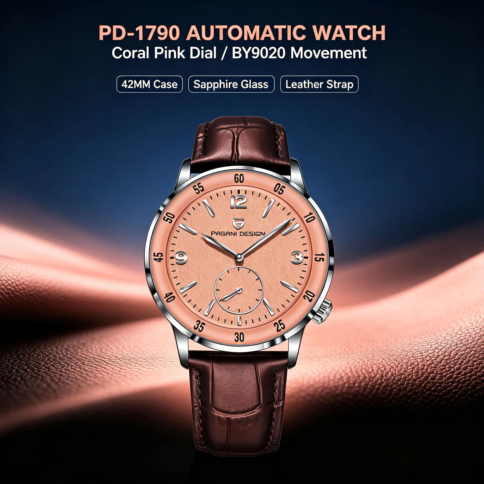 PAGANI DESIGN Men Automatic Mechanical Watch See-through Case Back 42mm Dial Sapphire Glass 10ATM Waterproof Leather Dress Watch