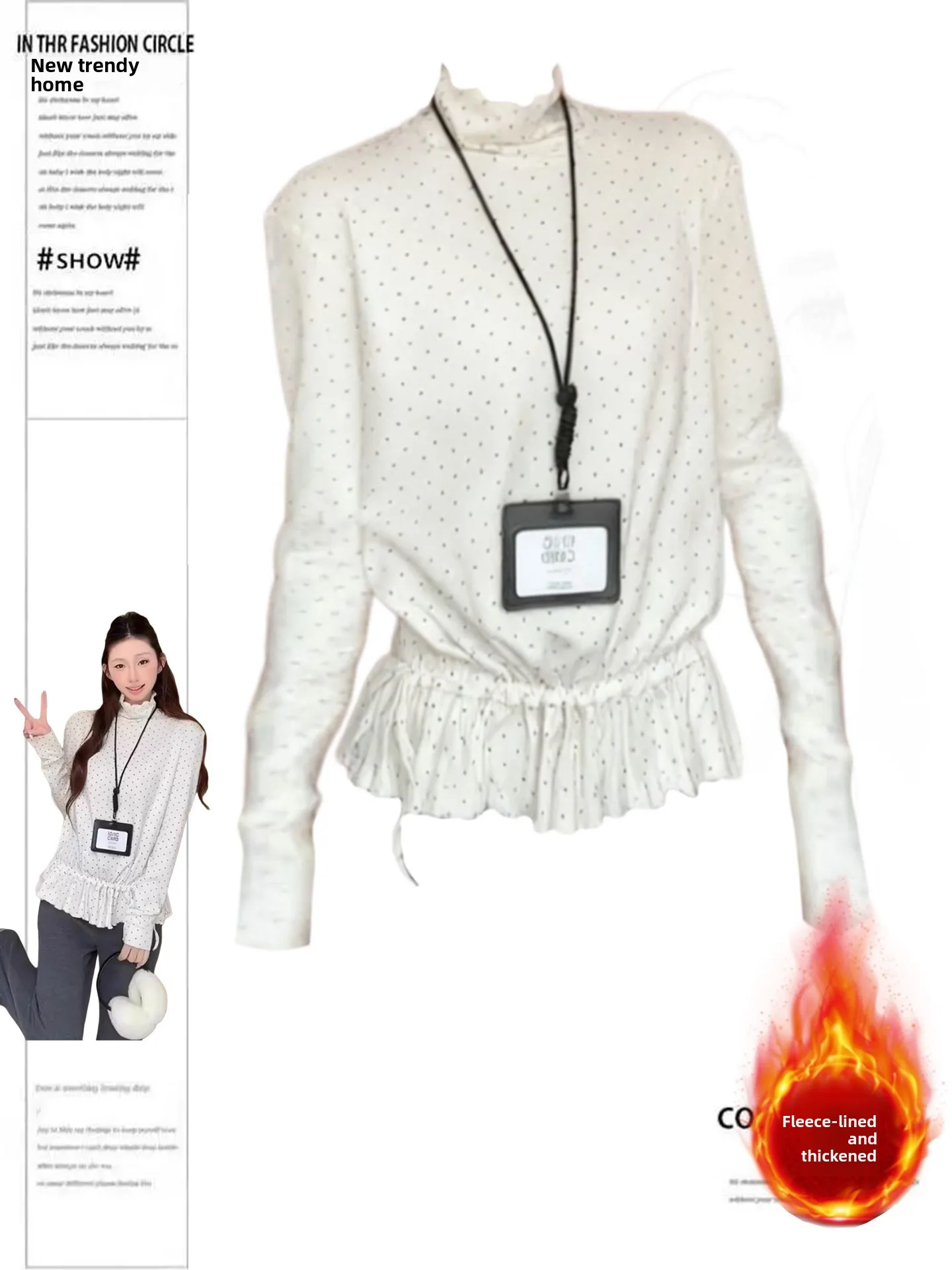 

plus Size Fleece Lined Korean Style White Polka Dot Ruffle Hem Drawstring Base Shirt Women's Autumn Winter Plump MM Slim Knit...