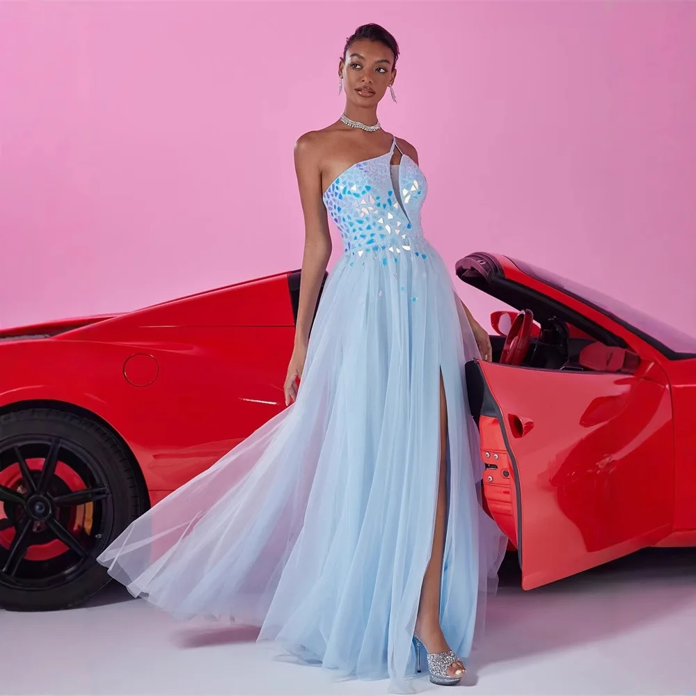

Shiny Holographic Gem Evening Dress Women Light Blue Halter Neck Front Cutout High Slit Swing Tulle Cocktail Maxi Gown