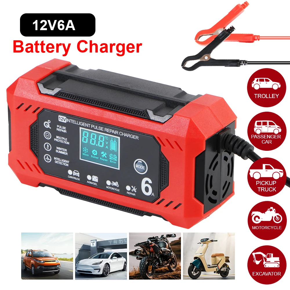 Intelligentes Autobatterie-Ladegerät mit Hochleistungs-Impulsreparatur, 12V/6A Multifunktional für Motorrad, SUV, LKW