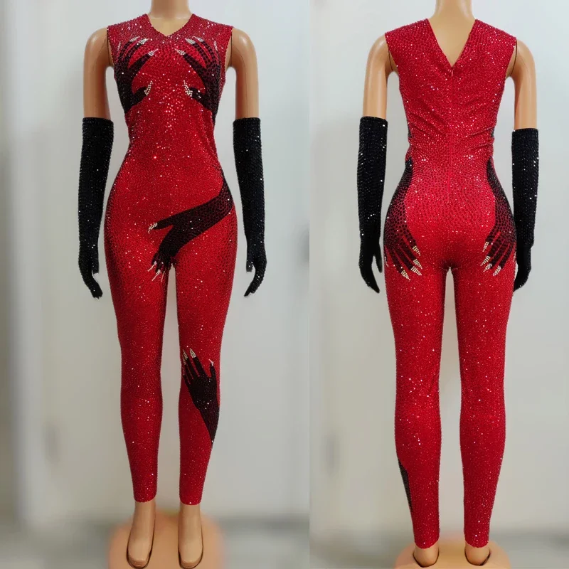 Glänzend Rot Schwarz Strass Overall Handschuhe Frauen Halloween Nachtclub Ds Dj Drag Queen Kostüm Gogo Pole Dance Kleidung SL7239