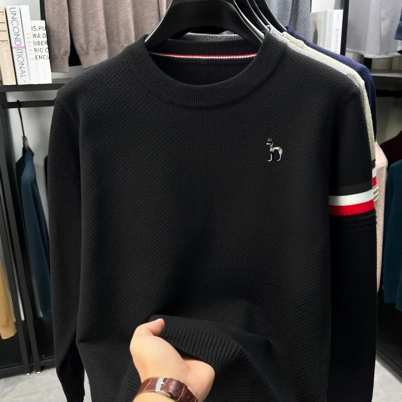 Designer Herbst-Winter O-Ausschnitt Stickerei Strickpullover Bequemer Einfarbiger Langarm-Pullover Warme Alltagskleidung für Männer – Detail 9