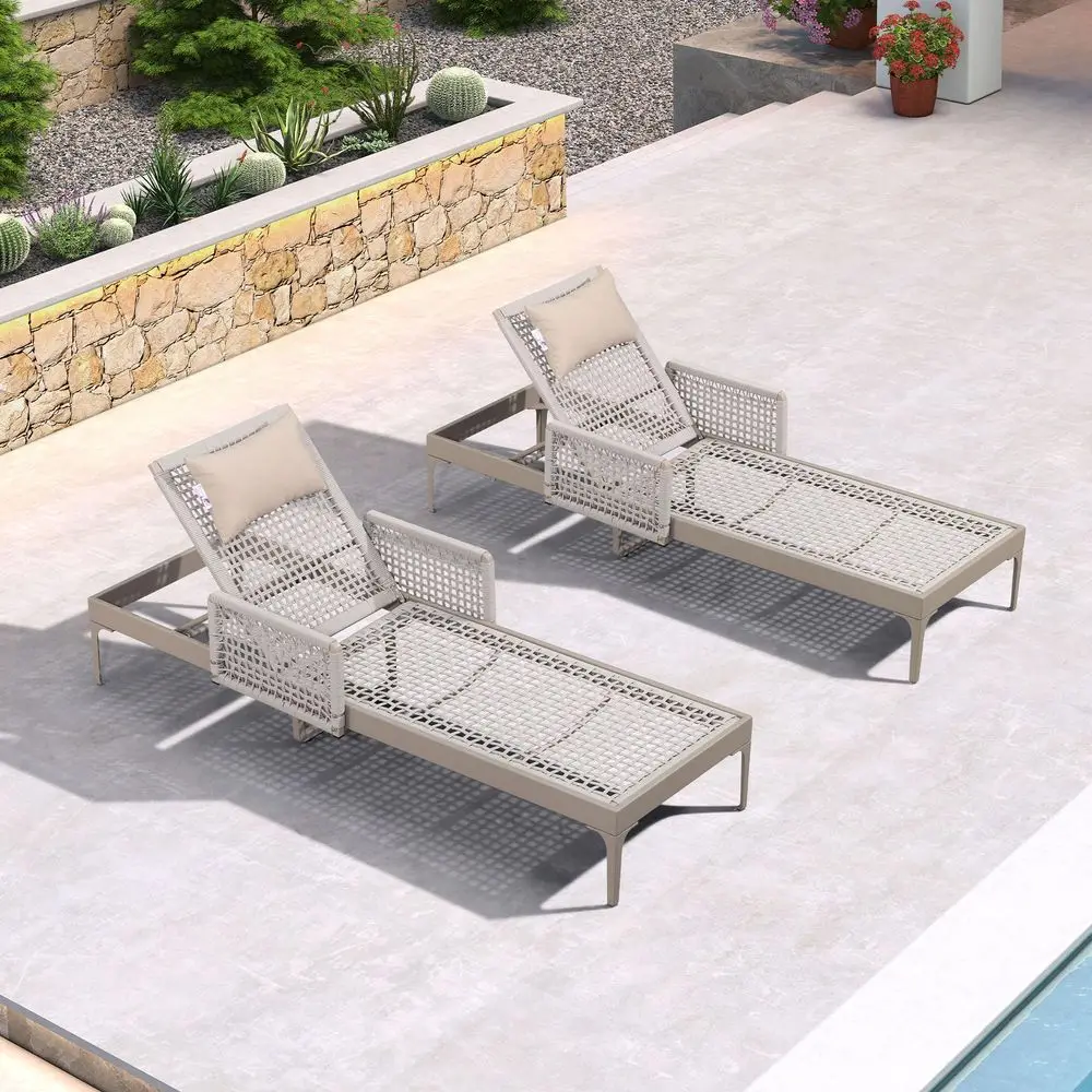 

2 Pieces Outdoor Chaise Lounge Set Rattan Wicker Lounger with Arms Poolside Furniture Adjustable Recliners Patio Lounge Chairs