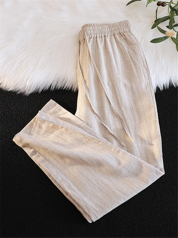 

Men's Summer Loose Straight Leg Thin Cotton Linen Casual Pants Retro Striped Nine Point Trousers Comfortable Breathable Fai...