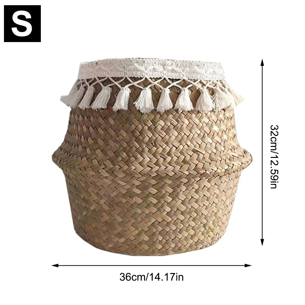 Keranjang perut Seagrass tenun rumbai Macrame putih lapisan ganda untuk penyimpanan, dekorasi, cucian, Picn