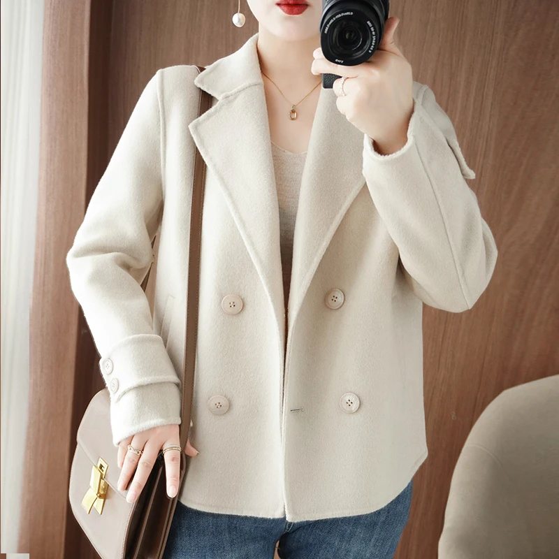 Casaco de lã de alta qualidade feminino duplo breasted primavera outono inverno 100% jaqueta de lã feminino curto outerwear chique versátil topo