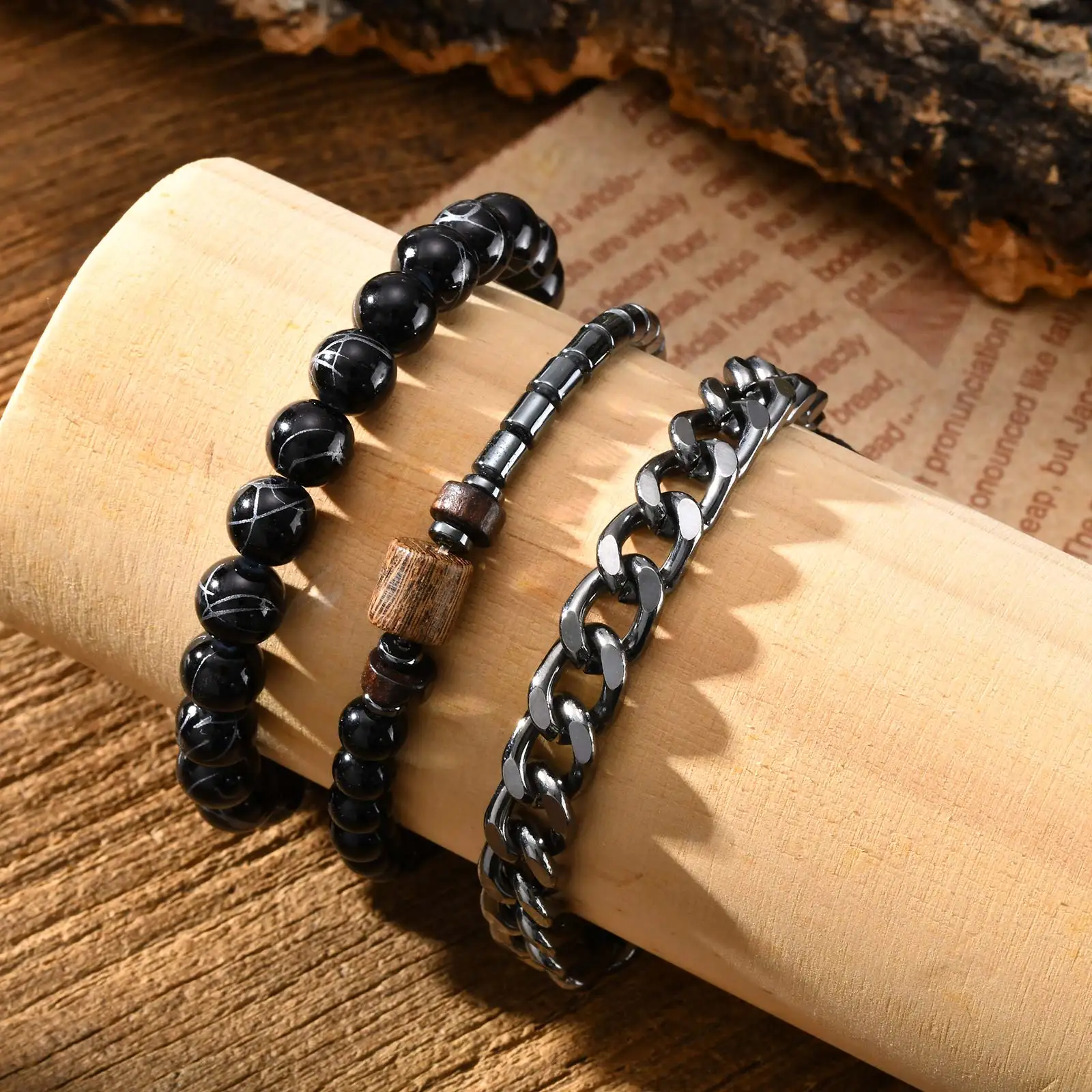 أزياء ثلاث قطع مجموعة سوار مطرز للرجال، متعدد الطبقات تكويم سلسلة معدنية سوار معصمه، الهيب هوب مجوهرات بسيطة #3