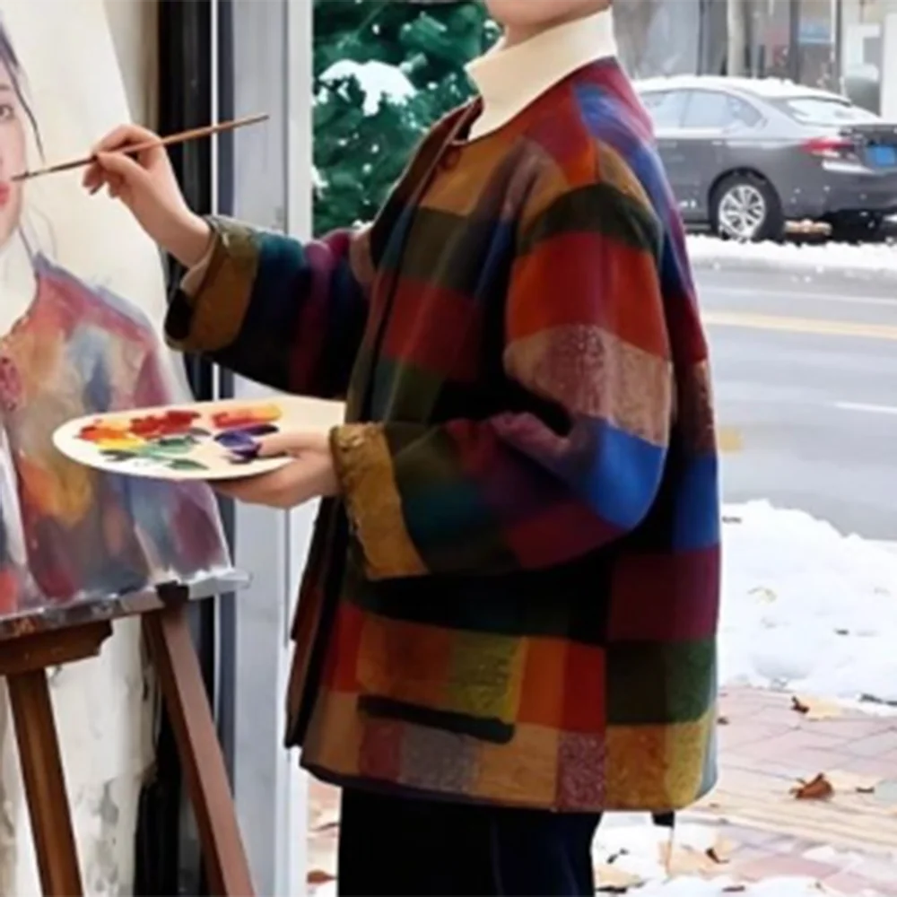 Padded jacket autumn and winter with Korean retro niche color plaid warm woolen coat British style   harajuku