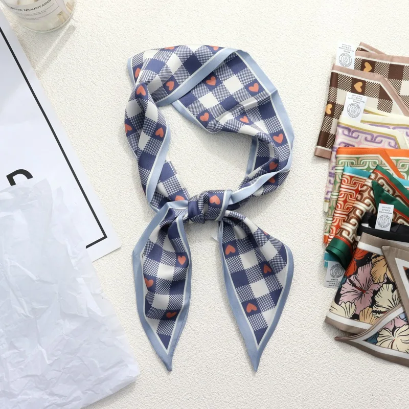 Silk Scarf Summer Grid Love Printed Handle Bag Ribbons Brand Fashion Head Scarf Small Long Skinny Scarves For Women