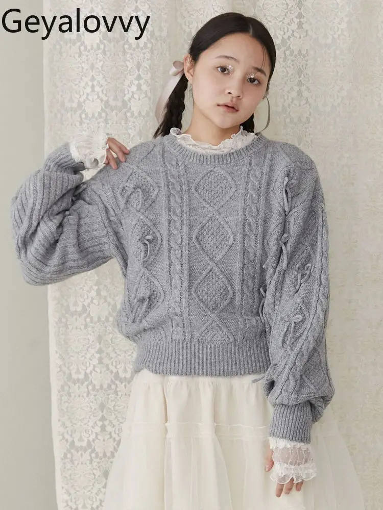 和風純粋な甘い女の子風リボンラウンドネックプルオーバーセーター秋冬新作万能ダイヤモンドボウ長袖セーター