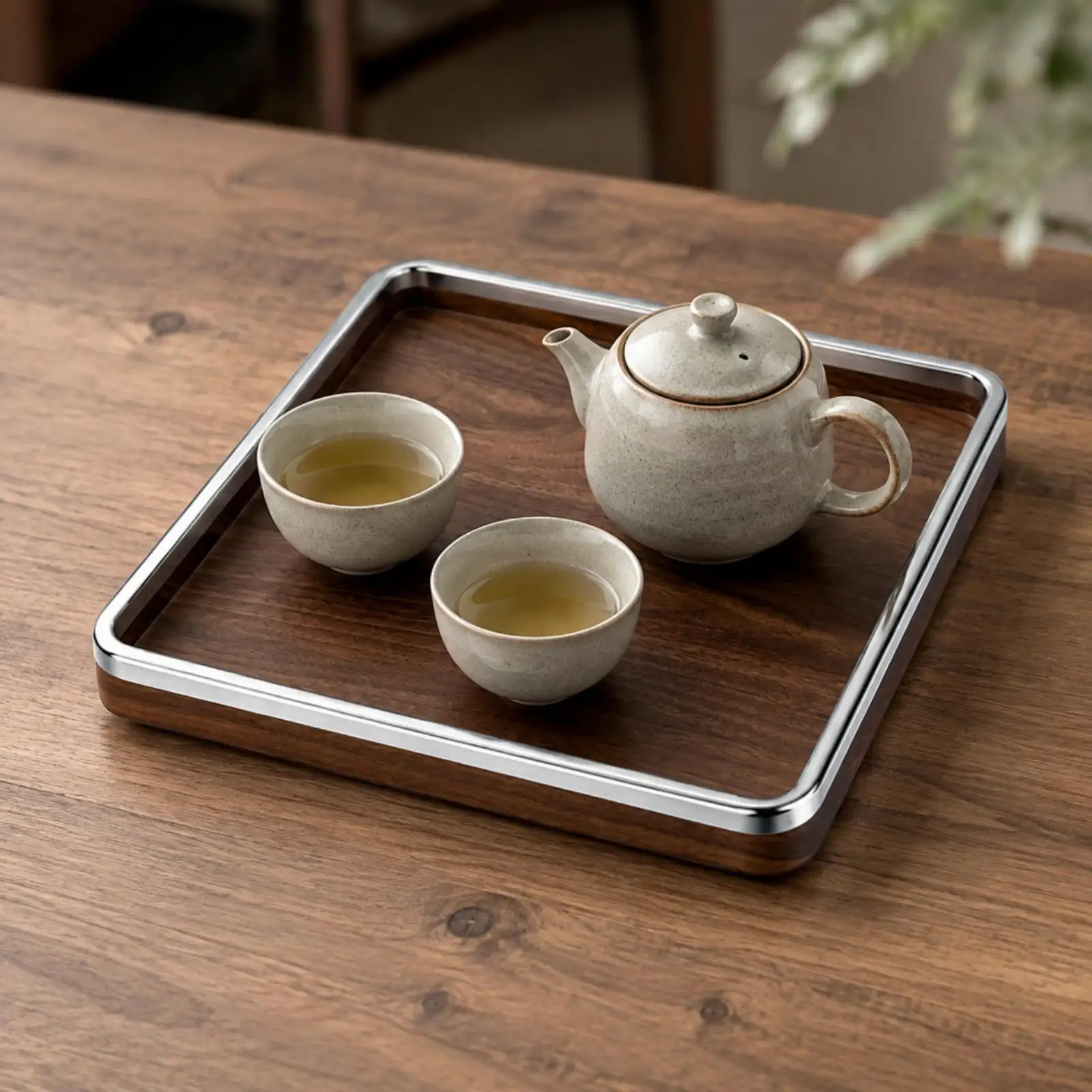Compact Square Serving Tray Wood Stainless Steel Walnut Finish for Home Bar Table Decor Storage Use