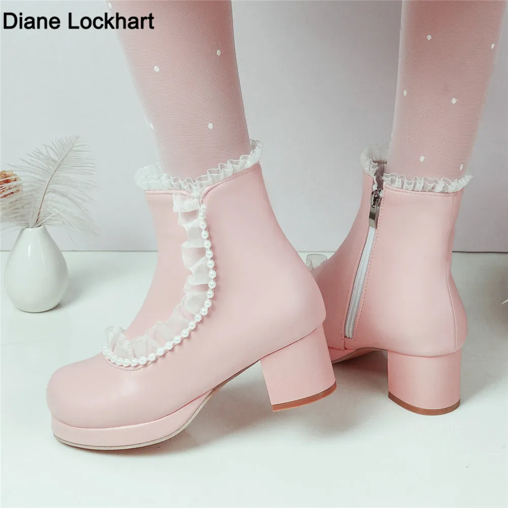 

Women Ankle Boots Ladies Shoes Sweet Lace String Bead Lolita Lovely Cosplay Platform Girls Mid Heels Booties Woman Pink White