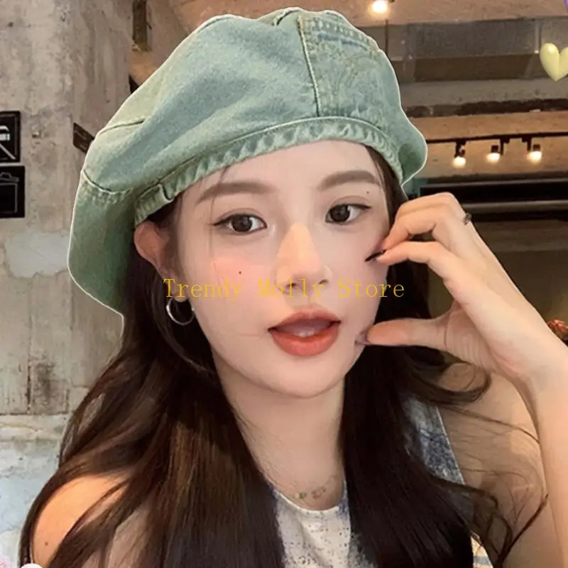 N5KB Fashion Sun Hat Teens Girls Denims قبعة بيريه قبعة ناعمة مقاومة للرياح غطاء الرأس