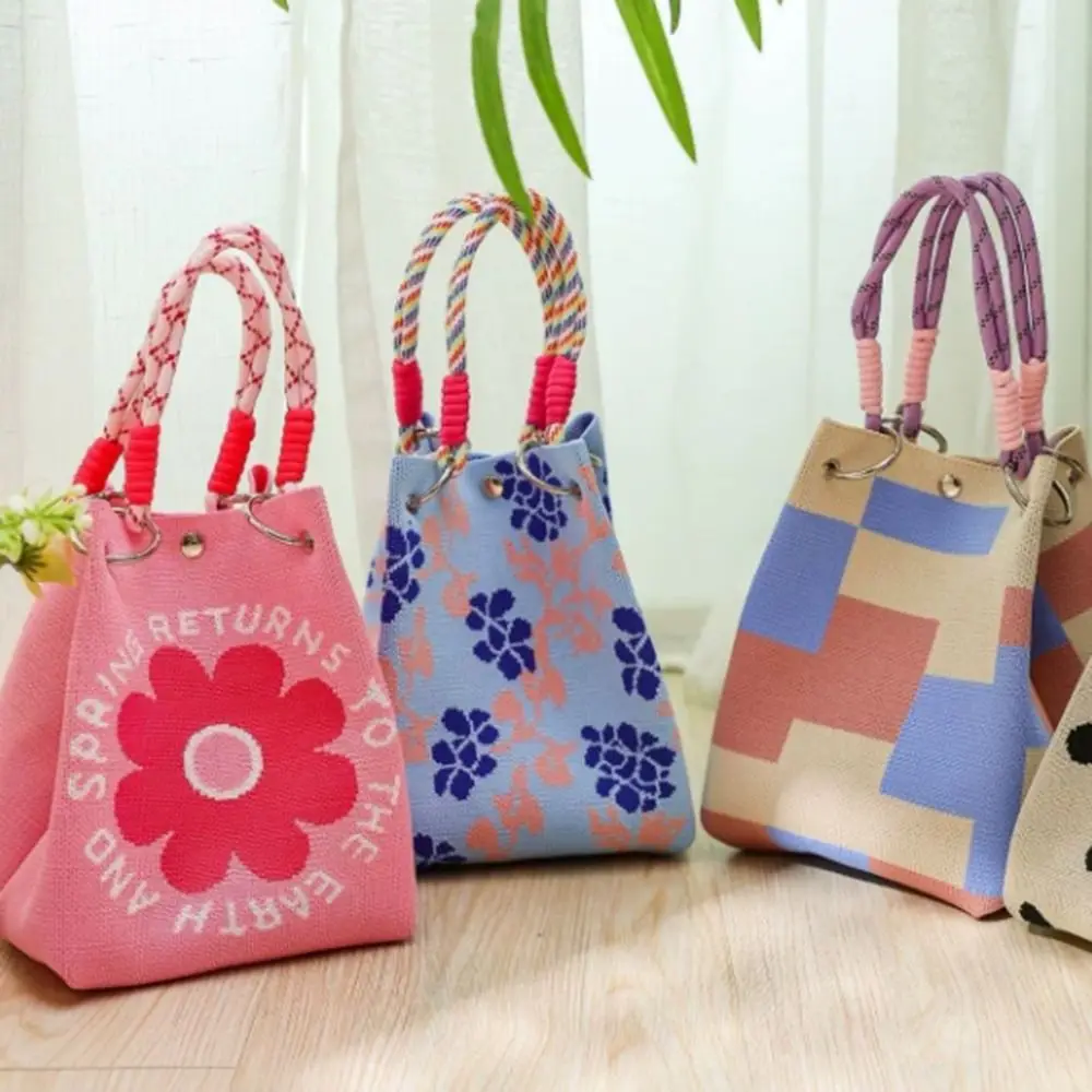 Cute Cartoon Knitted Bucket Bag Handmade Woven Ring Buckle Wrist Bag Large Capacity Tote Bag for Women Girls