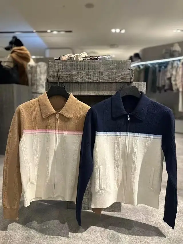 2026 New Ladies Golf Color Block Knit Sweater Collar Zipper Cardigan Women Winter Golf Coat