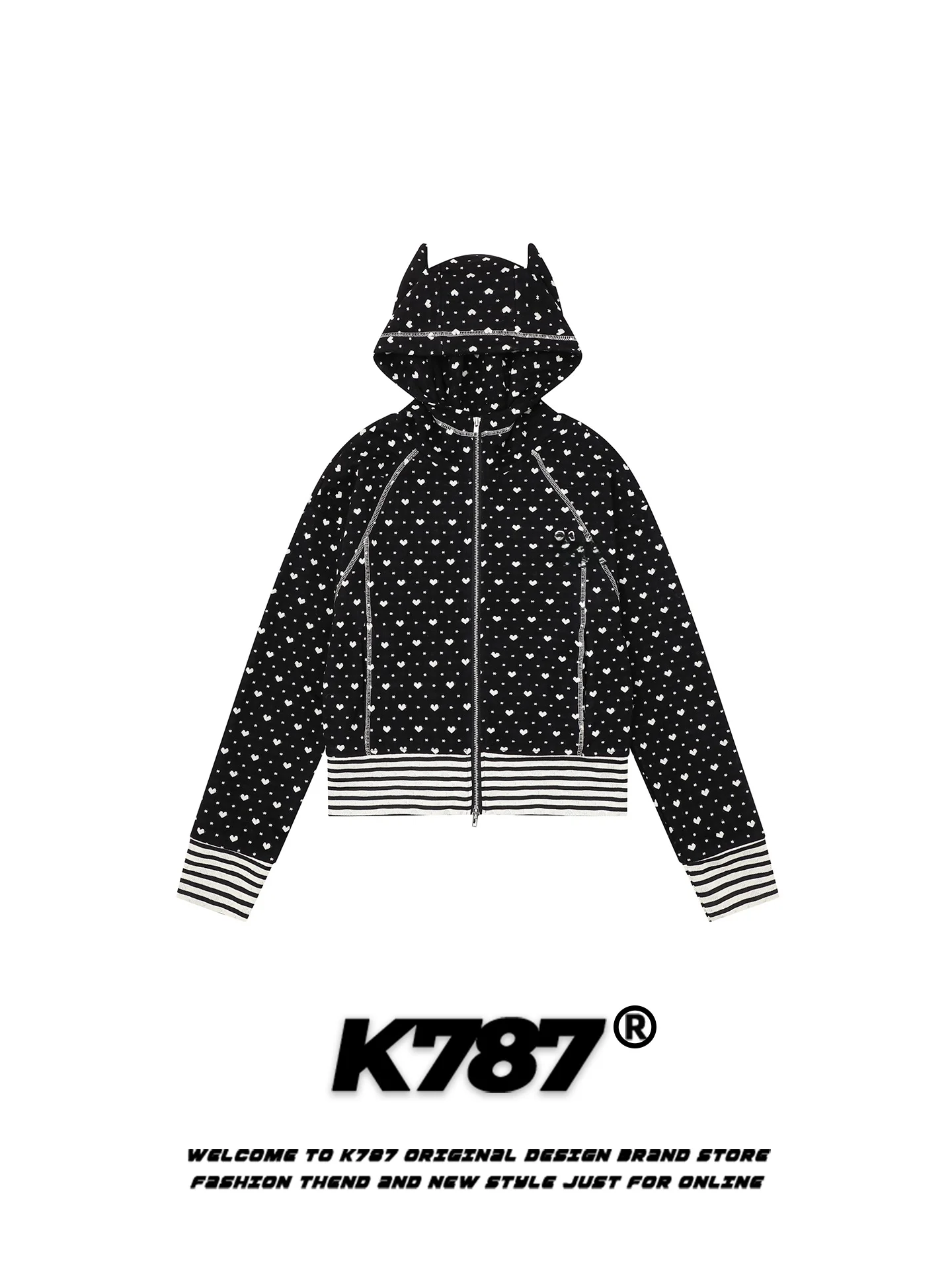 K787 American Retro Heart Print Devil Horn Hoodie Women's Spring Slimming Spicy Girl Zipper Jaet Casual Comfortable Cotton ...