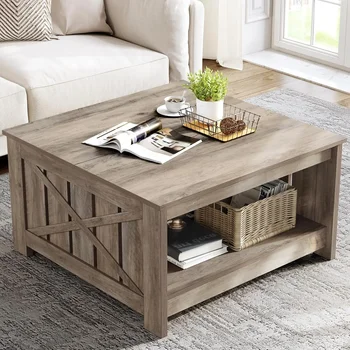 Image Coffee Table Farmhouse Coffee Table with Storage Rustic Wood Cocktail Table,Square Coffee Table for Living Meeting Room