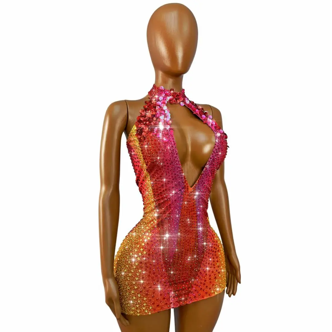 Honghaixia Luxury Gradient Hot Pink To Orange Sheer Mesh Crystal Short Dress Halter Keyhole Collar Nightclub Rave Outfit
