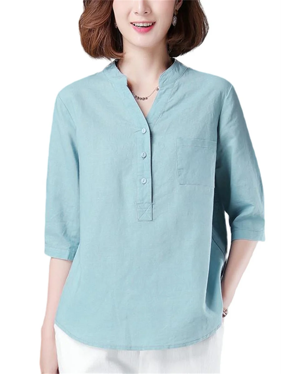 

3XL Women Summer Spring Blouses Shirts Lady Fashion Casual Short Sleeve V-Neck Collar Solid Color Printing Blusas Tops G2507