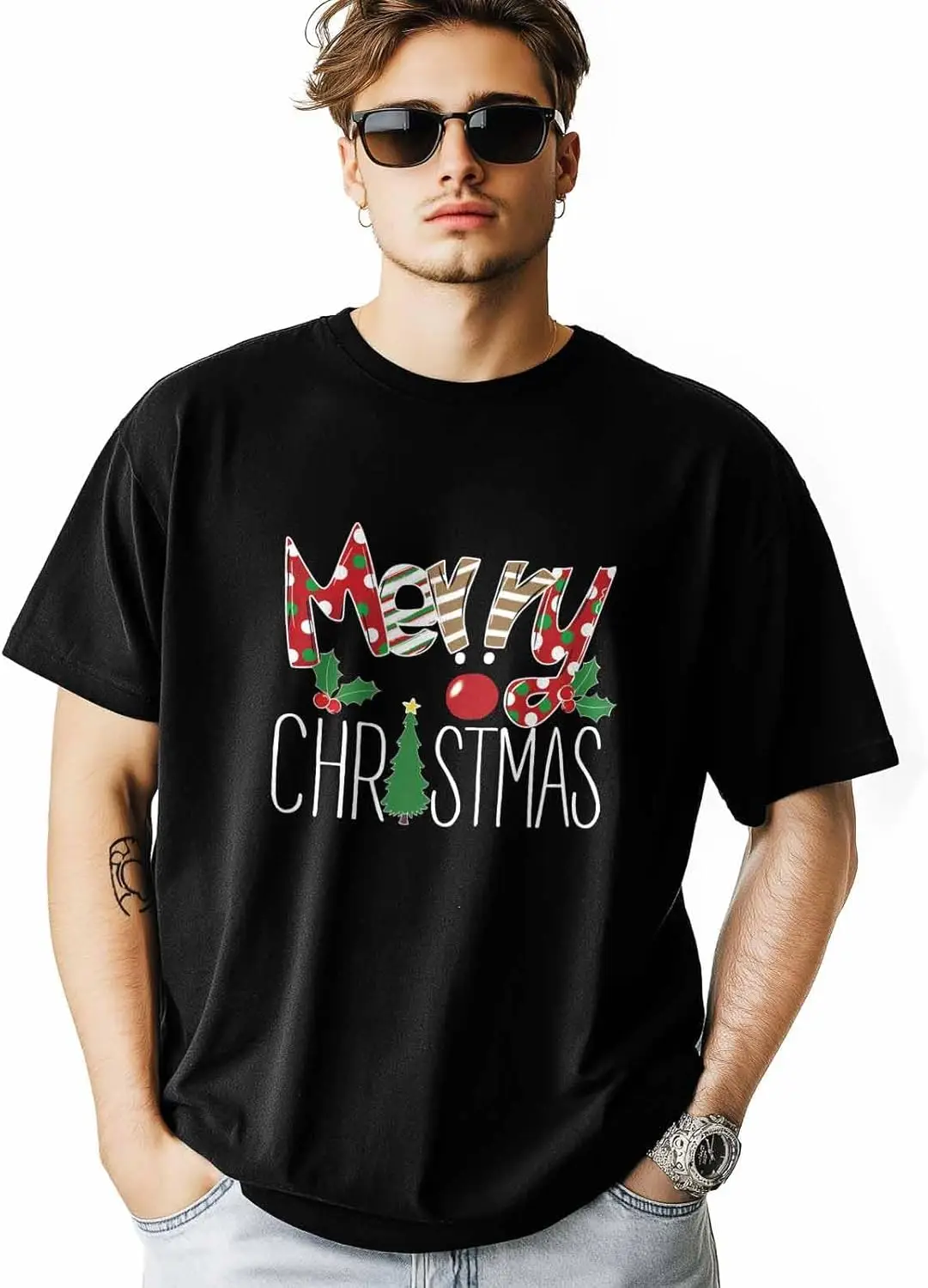 

Graphic Men's T-Shirt Merry Christmas Xmas Tree Holly Leaves Cotton Top Short Sleeve Fashion Basic Cas