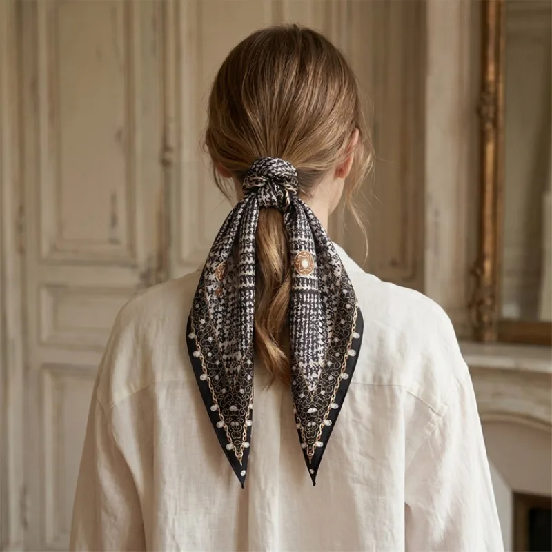 Mulberry Silk Diamond Scarf Women Silk Scarf Versatile Retro Scarf Korean Light Luxury Streamer Accessory High Sense