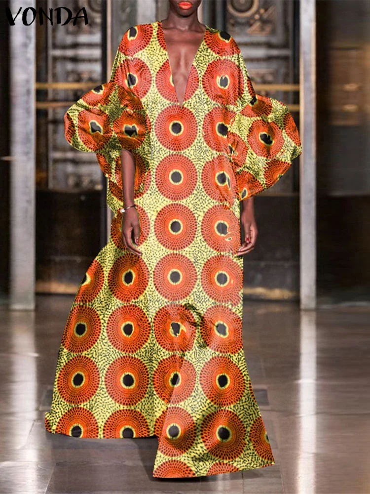 

Plus Size 5XL VONDA Women Bohemian Maxi Long Dress 2025 Eleagnt Printed Sundress V-Neck Casual Robe 3/4 Lantern Sleeve Vestidos