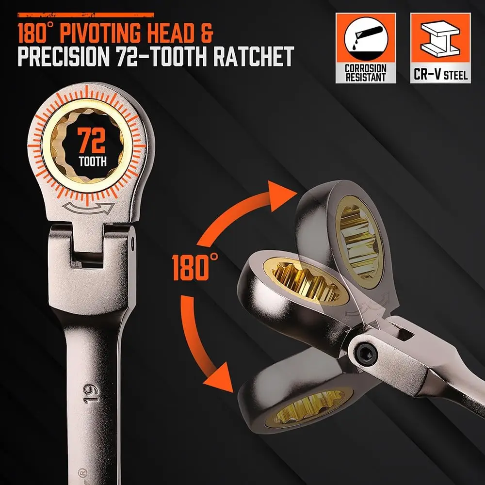 12-Piece Metric Flex-Head Ratcheting Wrench Set with Organizer | 8-19 mm Ratchet Combination Wrenches Set | 72-Teeth |Hot Sale image 2