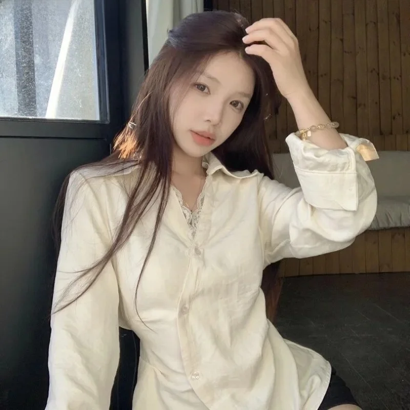 

Temperament Lady Tops Women Blouses For Women Bandage Slim Waist Long Sleeve Shirts Patchwork Lace V-neck Fashion Blouse Tops