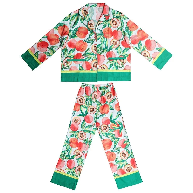 2024 Spring Autumn Turn-down Collar Tropical Printed Silk Satin Pajamas Set Sleepwear Loungewear for Women Pyjama Femme 2 Pieces