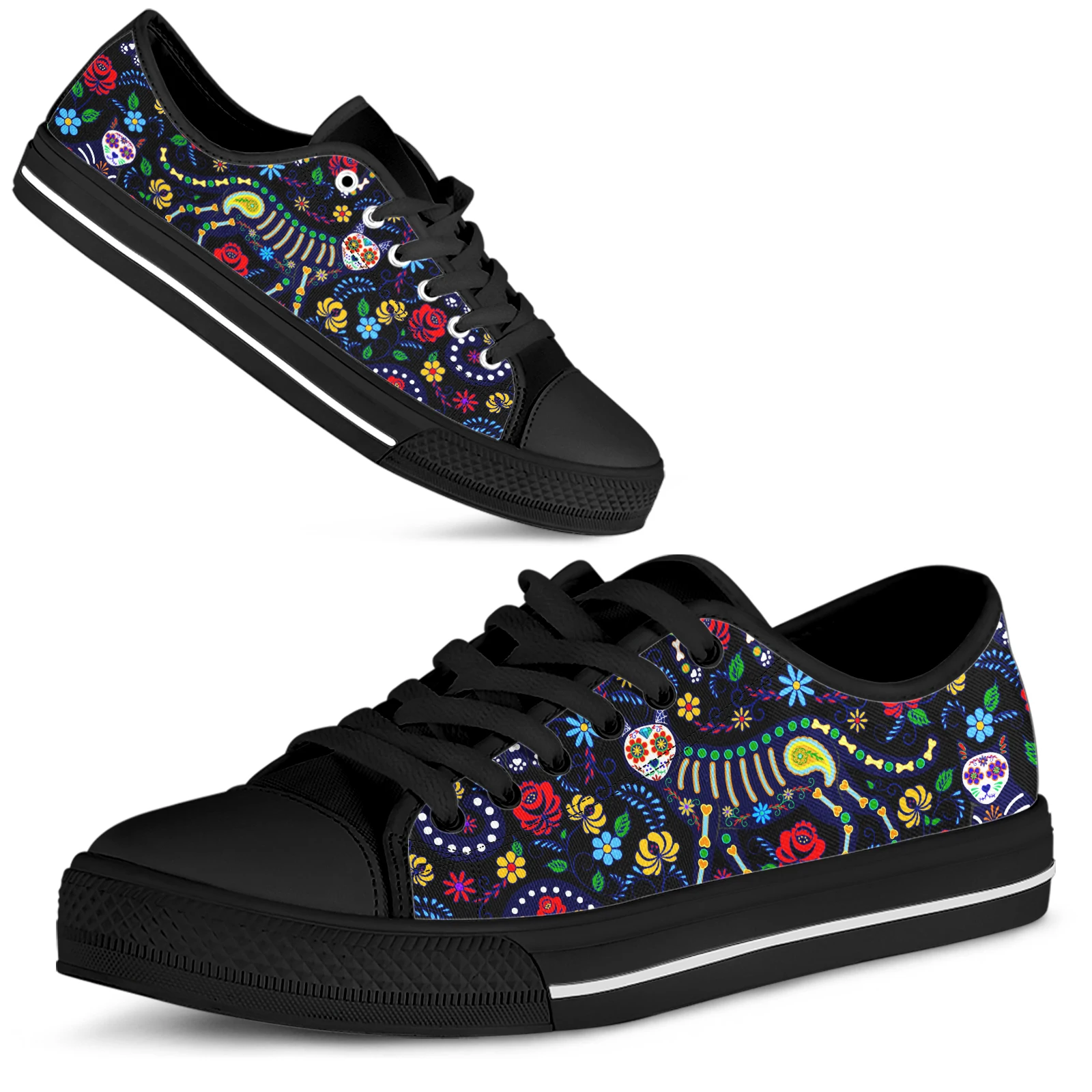 ELVISWORDS New Mexican Easter Design Black Shoes For Women Cartoon Kitten Print Shoes Rose/floral Canvas Shoes Zapatos Planos