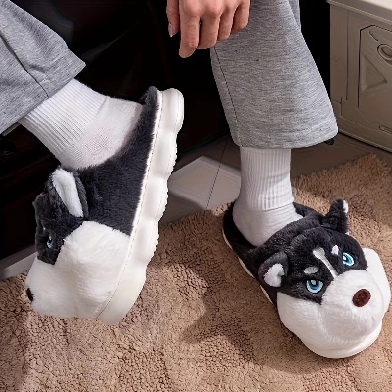 ZUOFU Cute Husky Dog Plush Slide Slippers Autumn Winter Soft Fuzzy Anti-Slip Comfort Indoor House Slippers EU 36-51