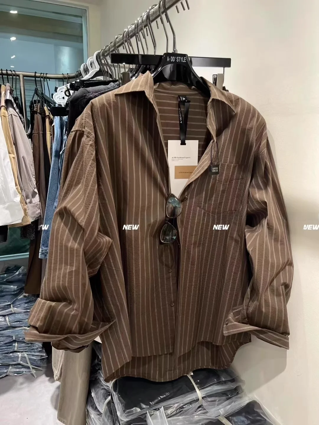 여성용 루즈핏 긴팔 스트라이프 셔츠, 커피색 캐주얼 슬레 버튼업 탑, 빈티지 가을 신상품, 동대문