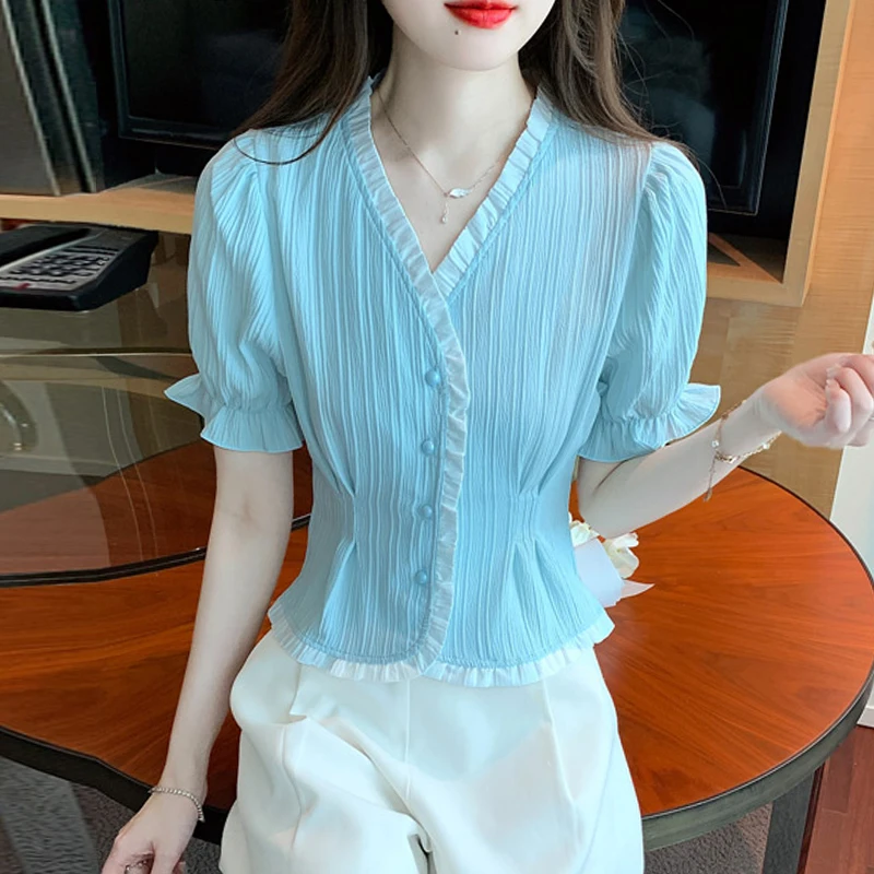 Neue Sommer Kurzarm V-Ausschnitt Frauen Shirt lässig Chiffon Shirt Bluse Frauen Tops Blusas Mujer de Moda 2024 Verano Blusa G500