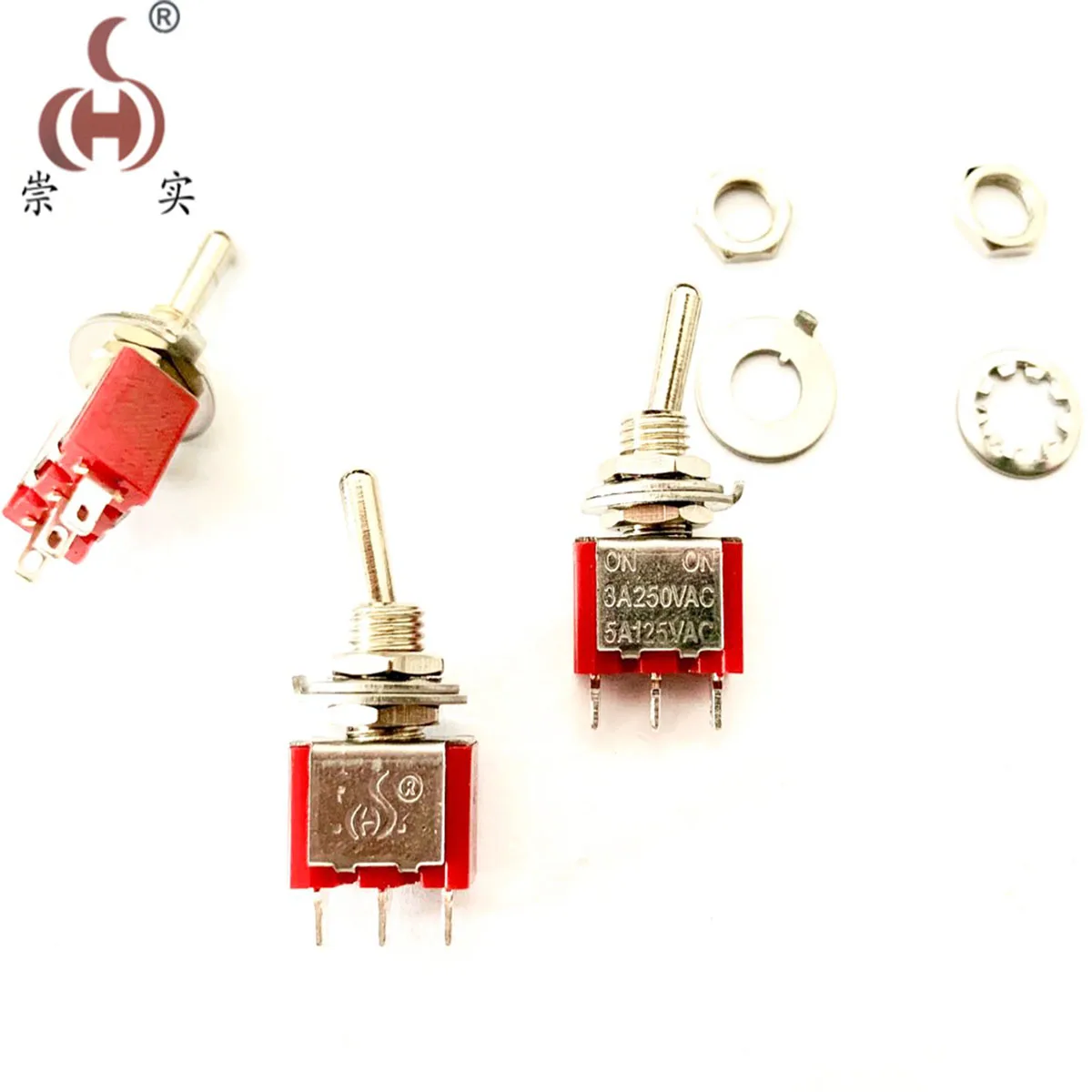 5Pcs Toggle Switch Red Silver Point Latching 3 Pin ON-ON 2 Position 3A250V SPDT CQC UL ROHS New Push Button Switch