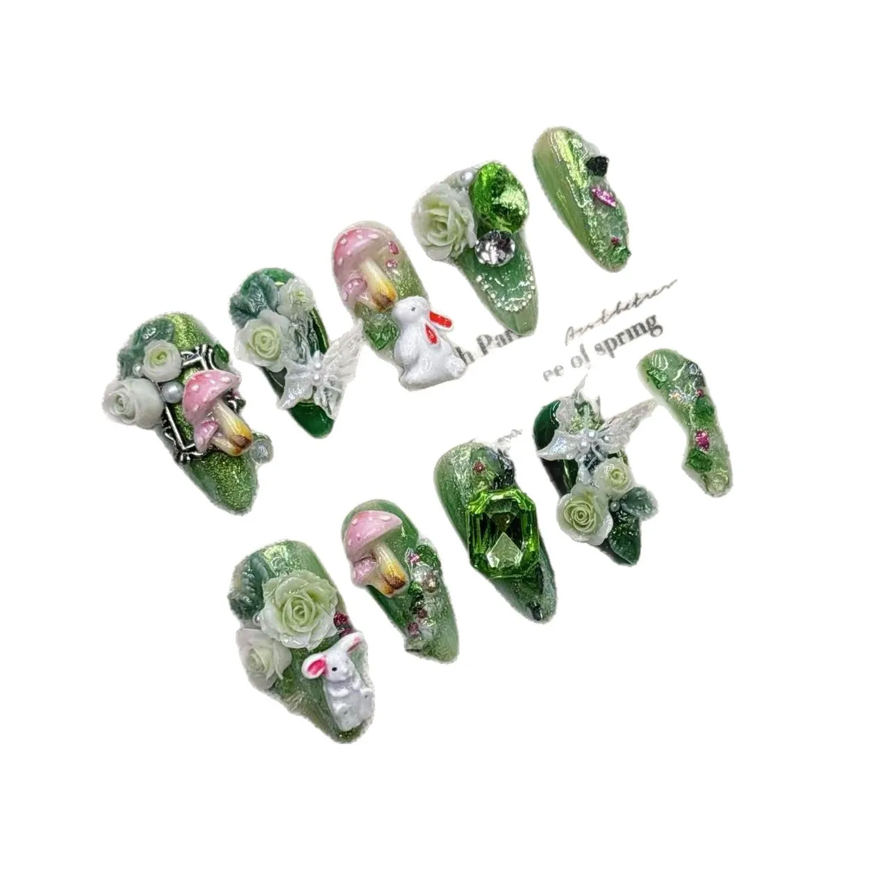 

10Pcs High Quality Handmade Press on Nails Palace Retro Style Yellow Carved Emerald Pure Handmade Medium Long Style