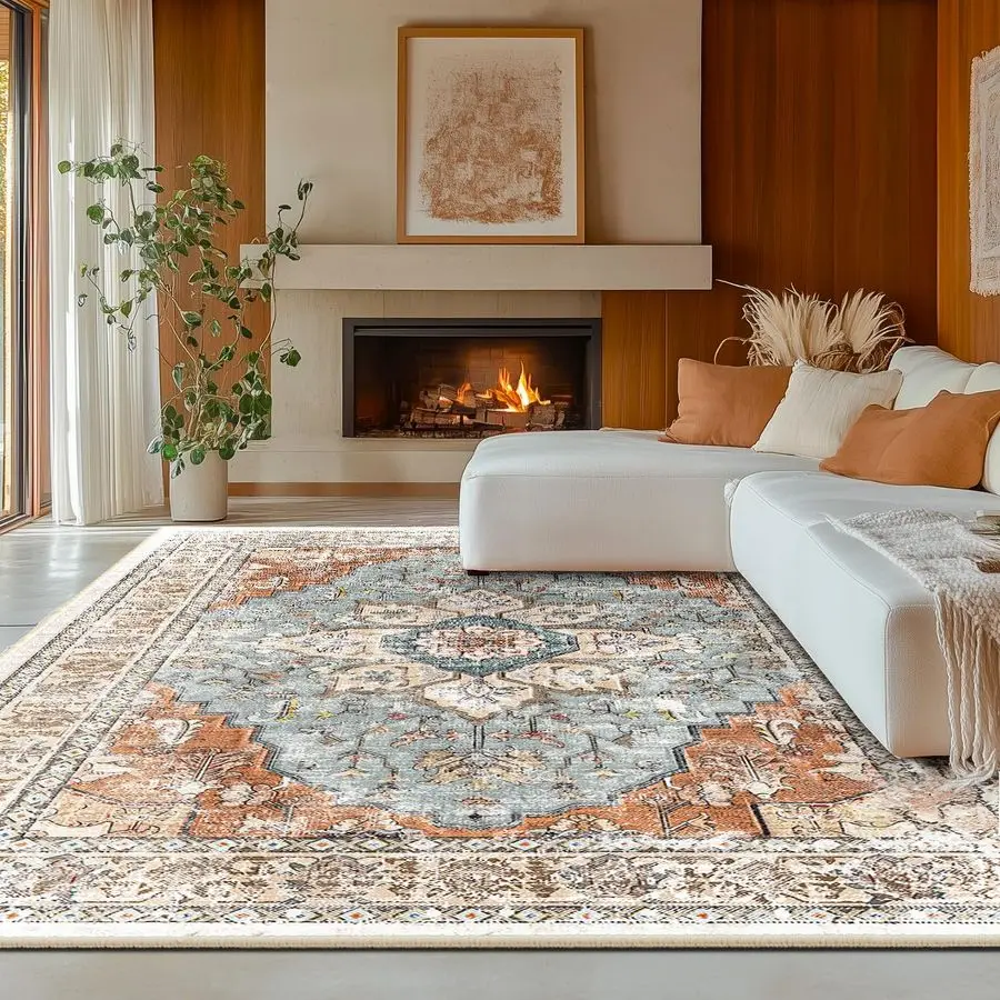 

8x10 Area Rug Washable Rugs for Living Room, No Pile Boho Carpet for Entryway Bedroom Dinning Room, Vintage Carpet Print Distres