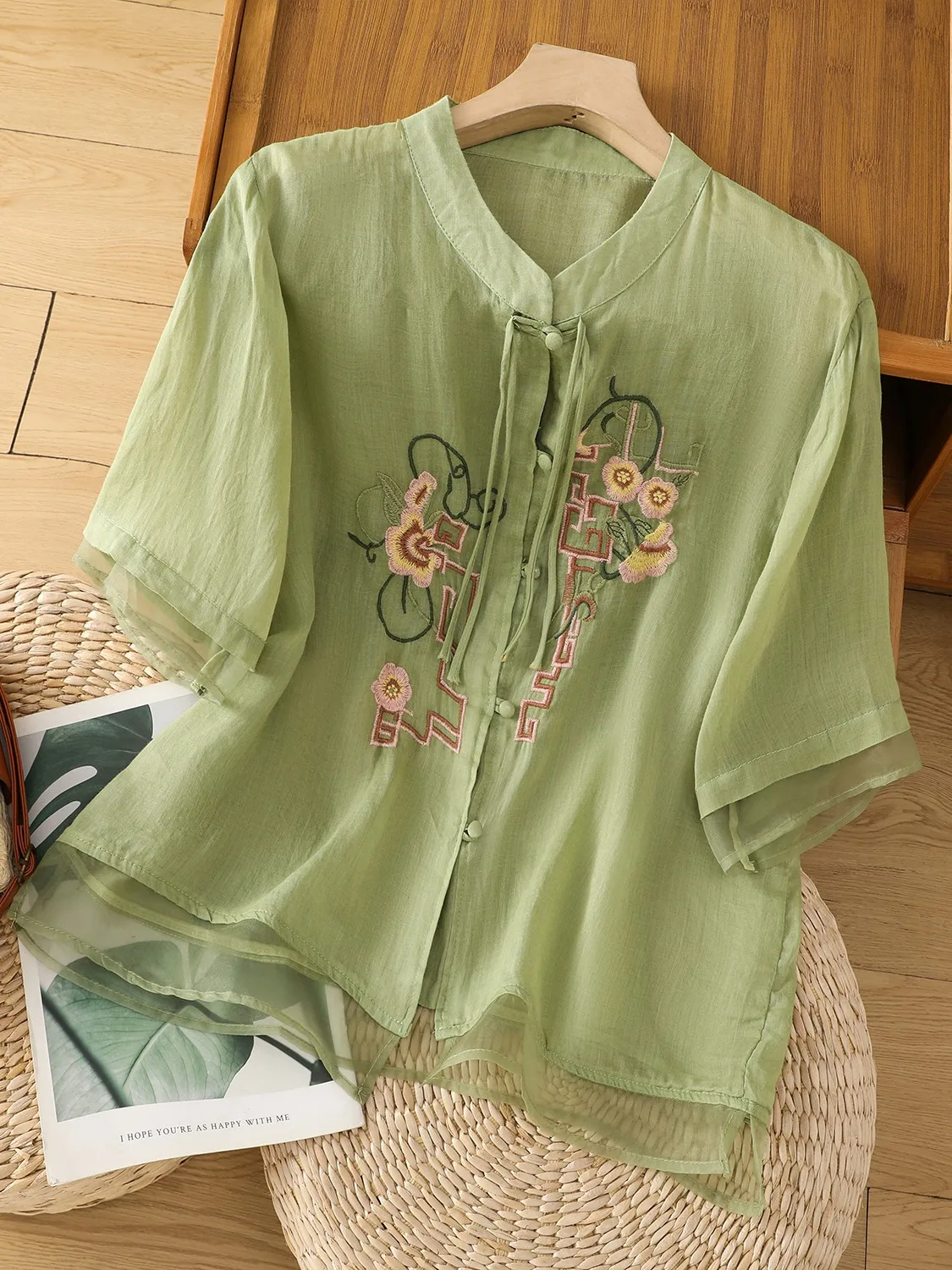 Ele bordado algodón lino irt mujer verano Faionable mamá Stand Collar blusa chino Sle abotonada Svel