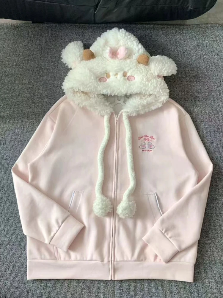 Harajuku الحلو Kawaii معطف فضفاض كم طويل مع مقنع المرأة اليابانية لطيف سستة بلوزات عادية Y2k سترة معطف أنيق
