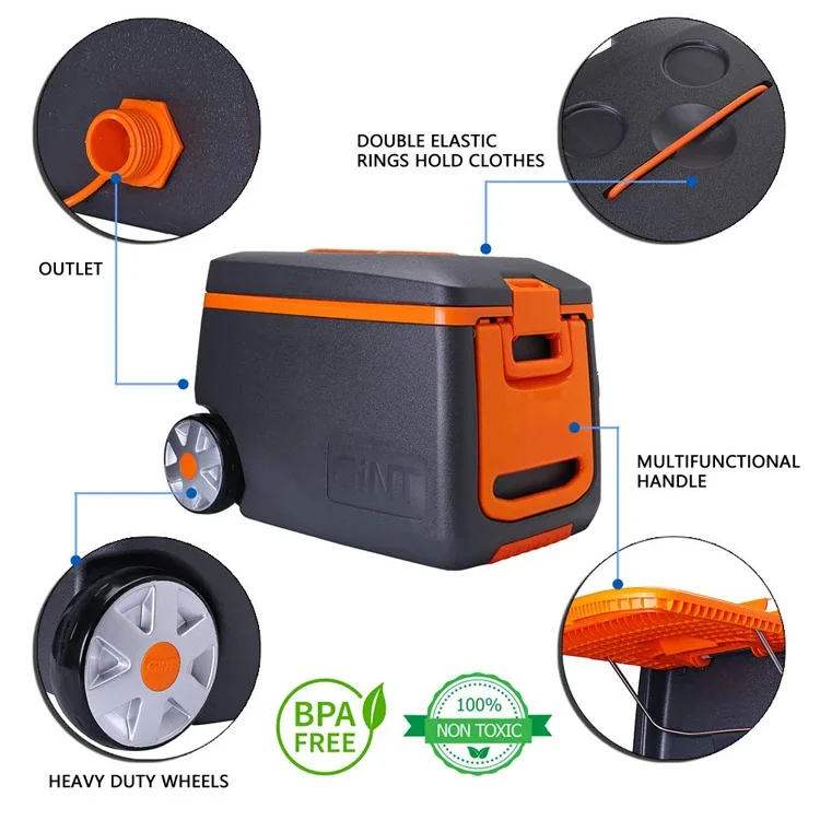 Orange 50L Food grade Portable Outdoor Camping BBQ Table Beer Wine Beverage Storage Container Cooler box with Handle Wheels