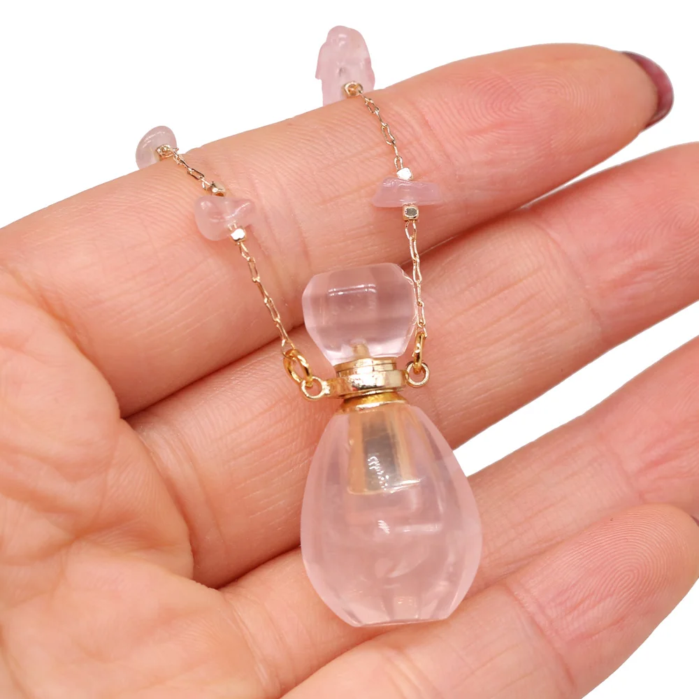 Natural Stone Rose Quartz Perfume Bottle Essential Oil Diffuser Reiki Healing Exquisite Necklace Jewelry Gift