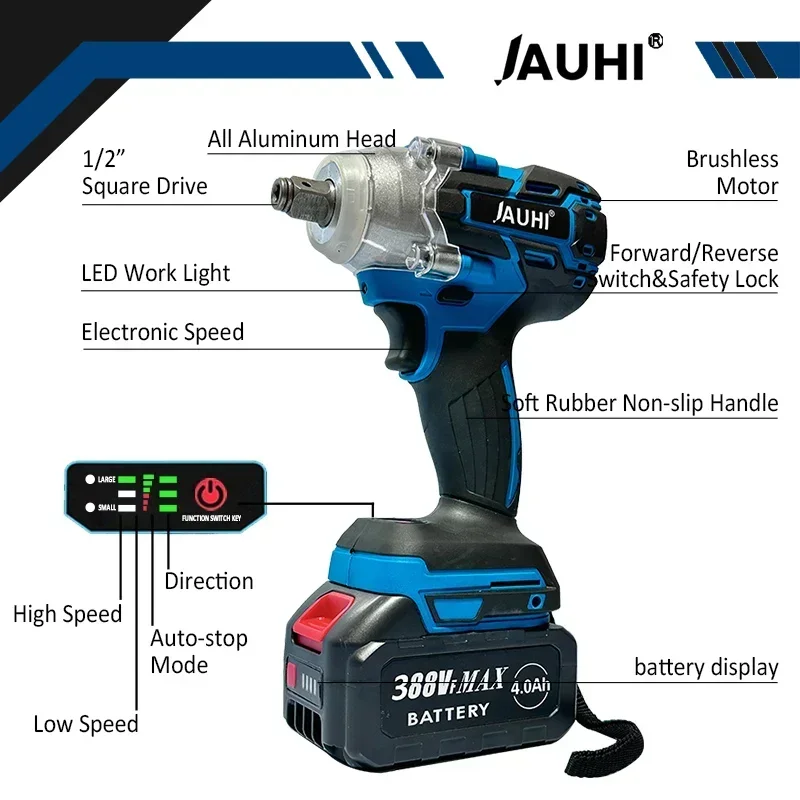 JAUHI Electric Impact Wrench 520N.m Brushless Motor Strong Torque Li-ion Battery  Cordless Wrench Impact for Car Tires Tool