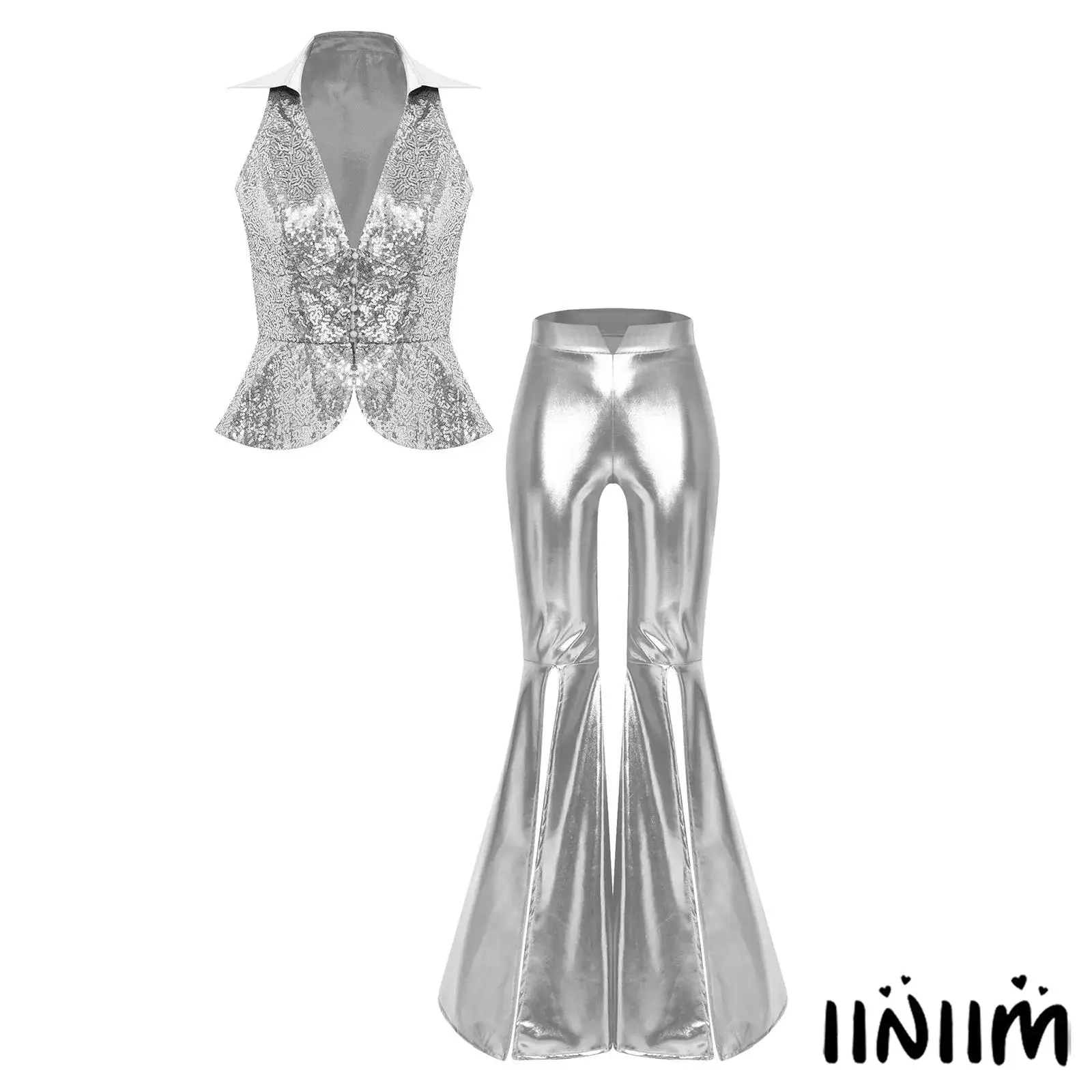 

Women Glitter Jazz Disco Outfit Lapel Sleeveless Sequin Vest Tops and V-notched High Waist Split Bell Bottoms Flared Pants