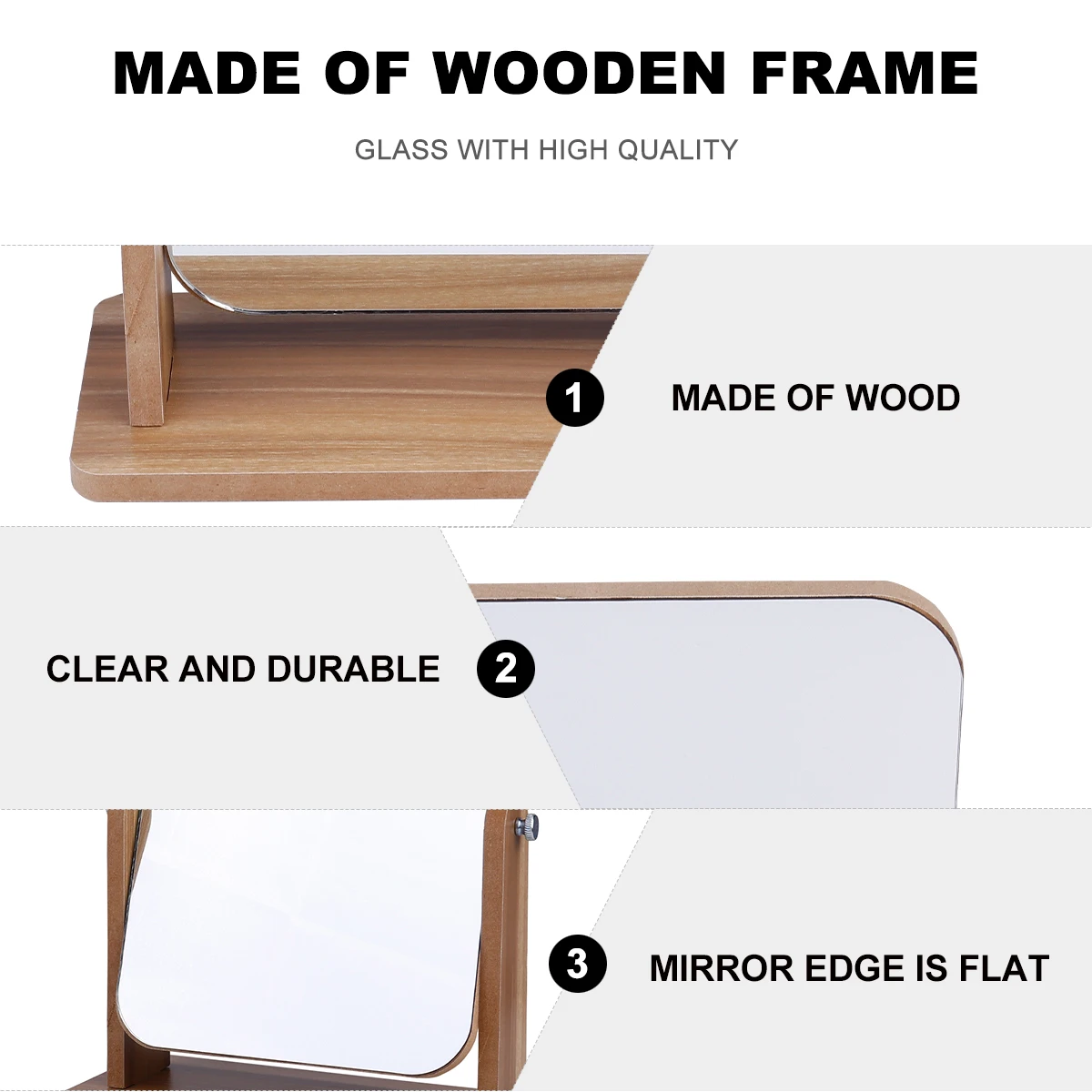 

Square Makeup Mirror Wooden Frame Clear Glass Desktop Mirror for Women Portable Elegant Design for Bedroom Bathroom