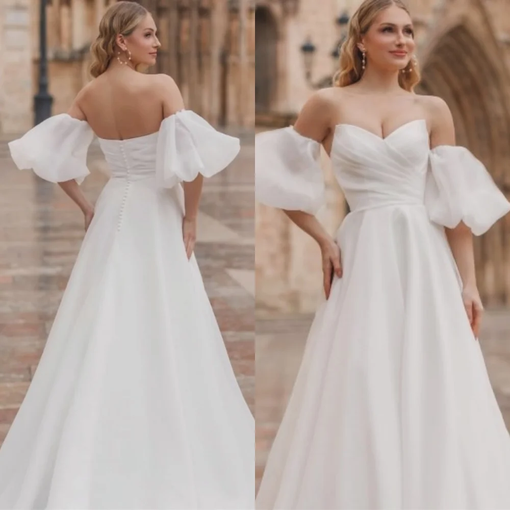 

Customized Formal White Wedding Dresses for Woman Strapless Detachable Sleeve Bridal Gowns Backless Open Back Robe de soirée