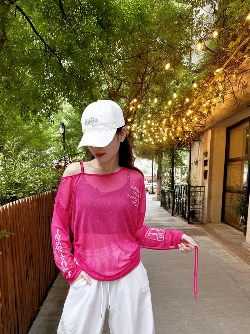 summer-new-loose-casual-shoulder-exposure-long-sleeve-drawstring-mesh-see-through-cover-up-top-for-women-jazz-dance-top