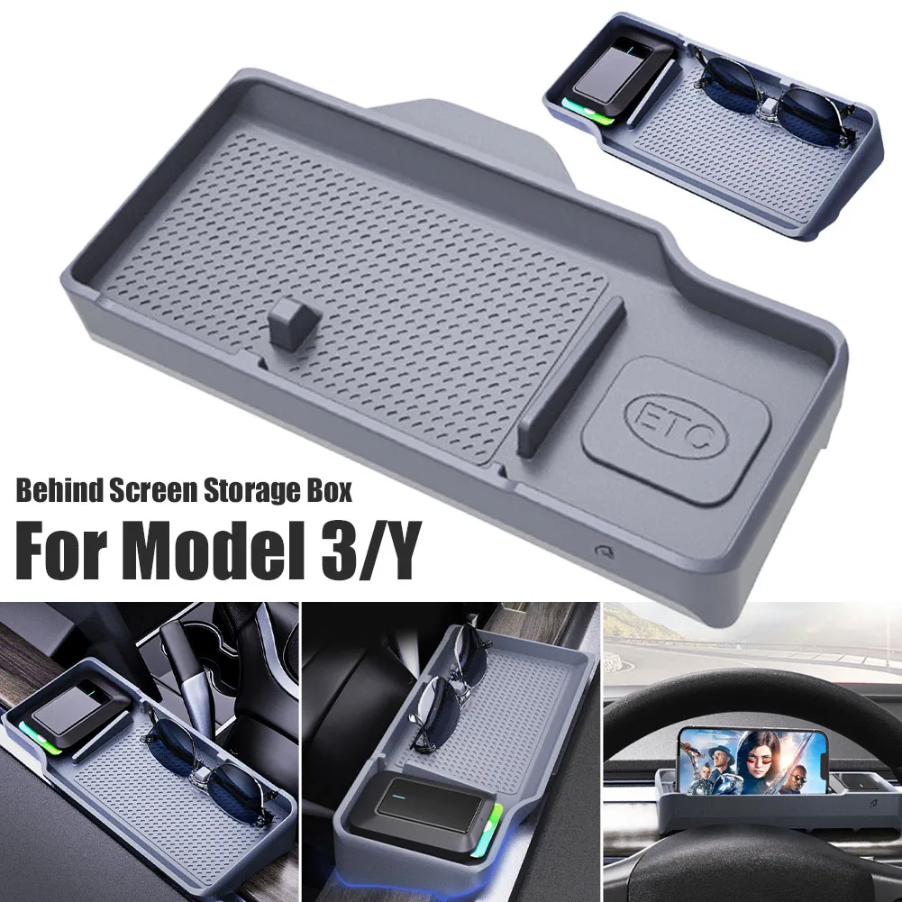 

For Tesla Model 3 Y Behind Screen Storage Box Dashboard Organizer Hidden Tissue Holder Anti-Slip Mat Phone Bracket Accessories