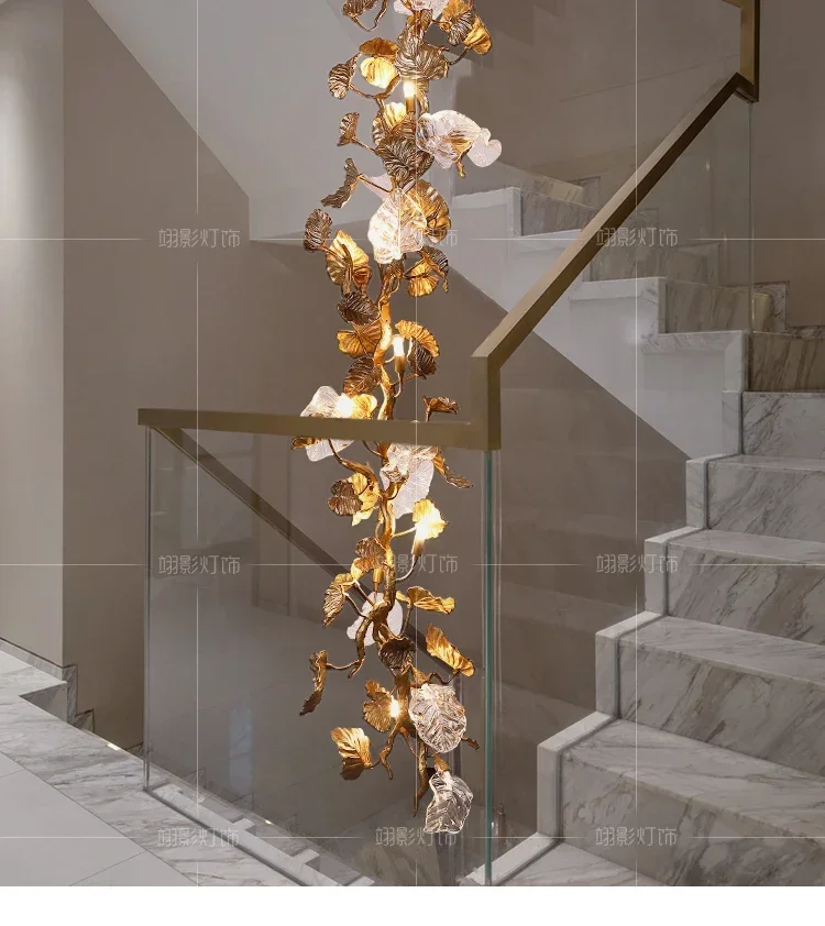 Living room light luxury full copper duplex chandelier art plant leaf villa staircase long chandelier