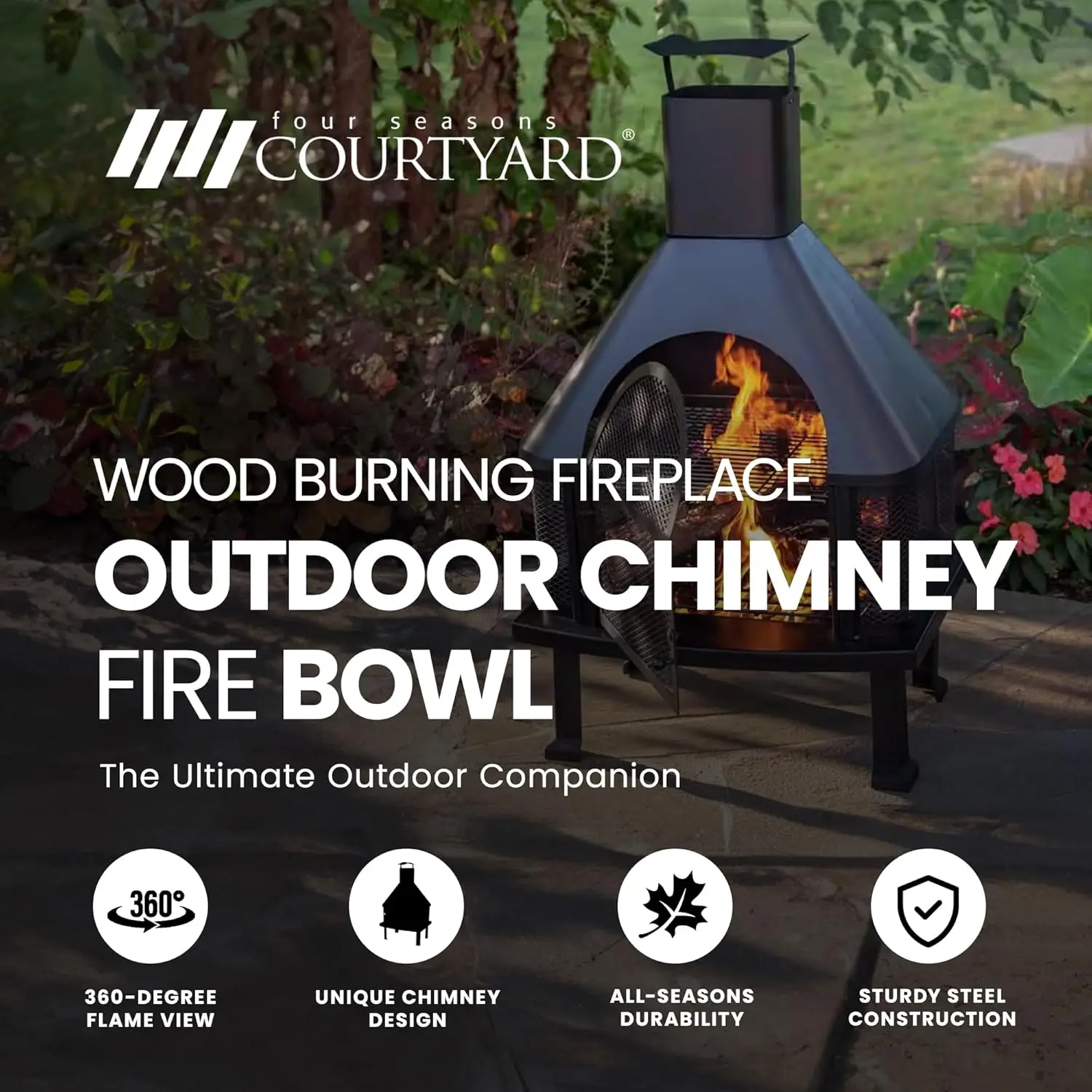 Wood Burning Fireplace Outdoor Steel Chimney Rectangular Fire Bowl for Backyard Patio or Deck Bonfire Heating, Black