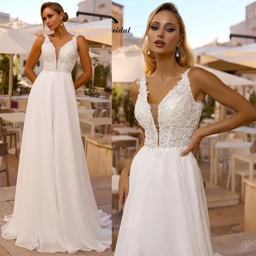 2027 V Neck A Line Wedding Dress Beaded Lace Bodice Soft Chiffon Skirt Chapel Train Open Back Abiti Da Sposa Customized